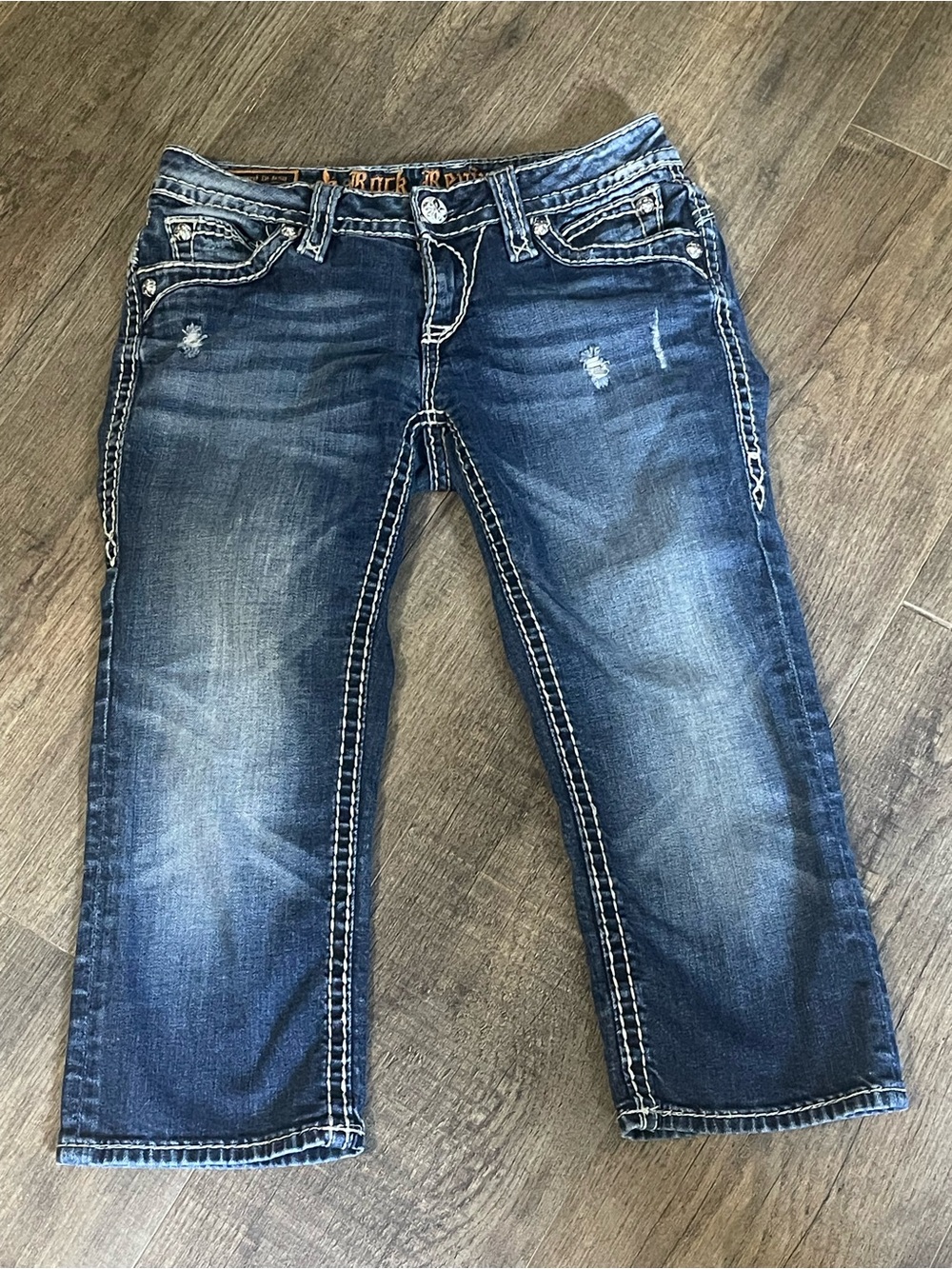 Rock Revival Johanna Capri Jeans Womens 27 Low Rise Blue Denim Embellish Y2KRead